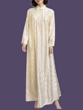 Vtg APPEL Winter White Asian Satin Tapestry Maxi Nightgown